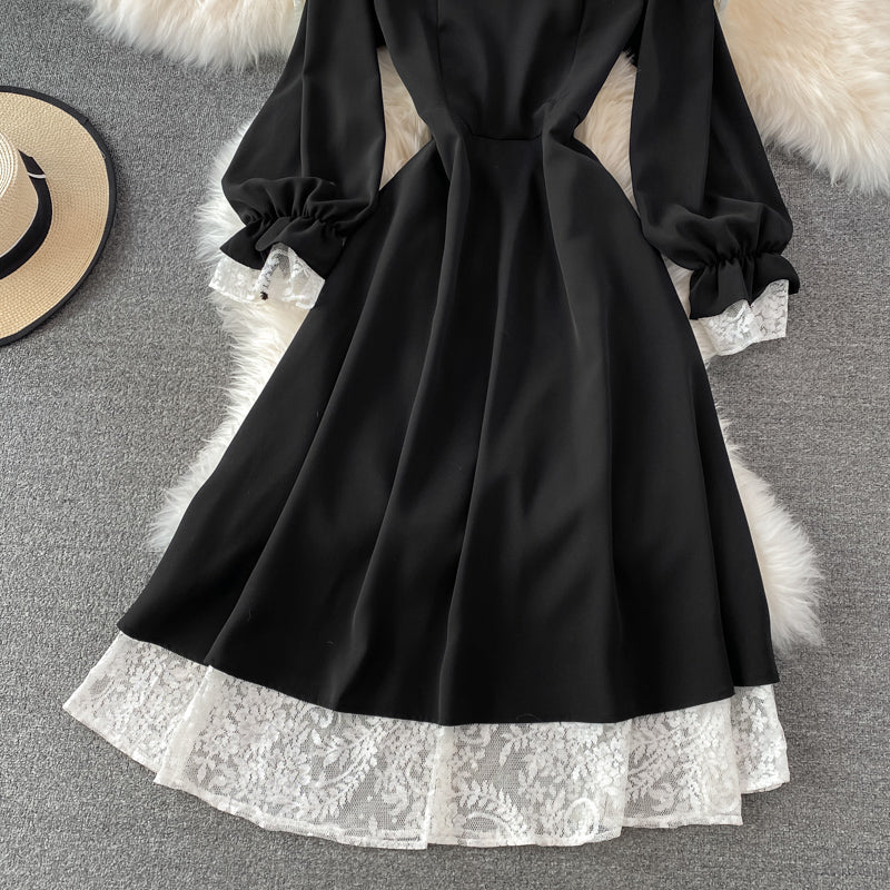 Robe courte noire en dentelle trapèze, robe tendance à lacets RF0198