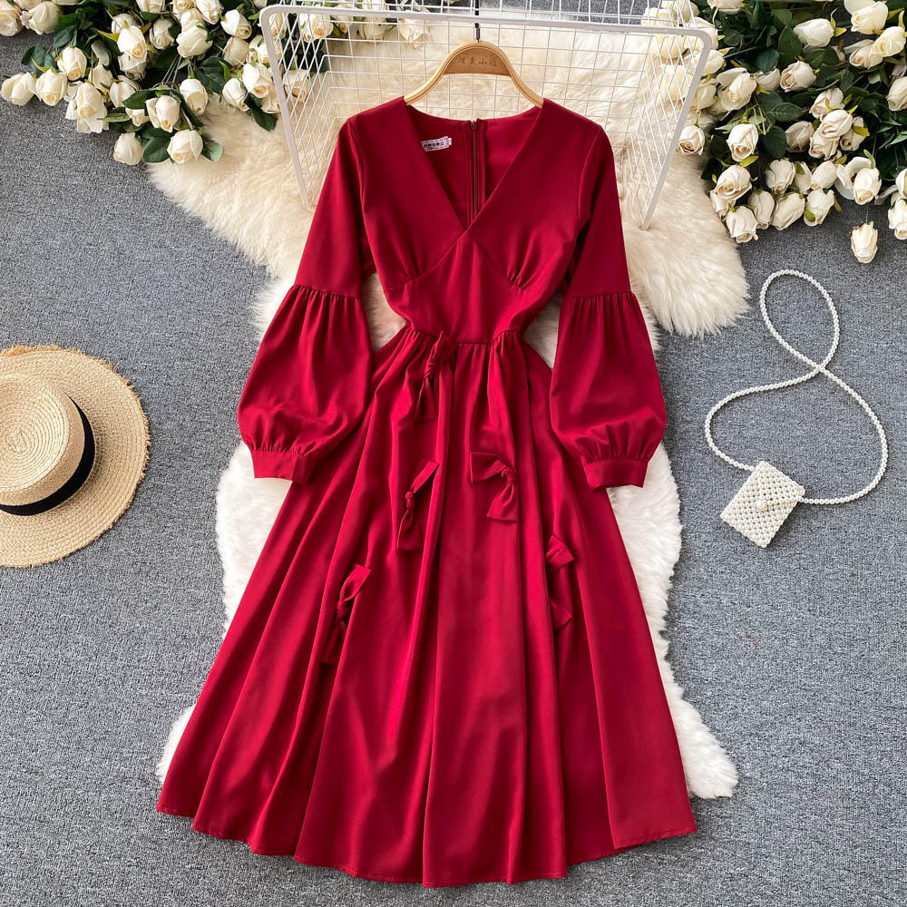 Robe trapèze à manches longues et col en V, jolie robe tendance RF0197