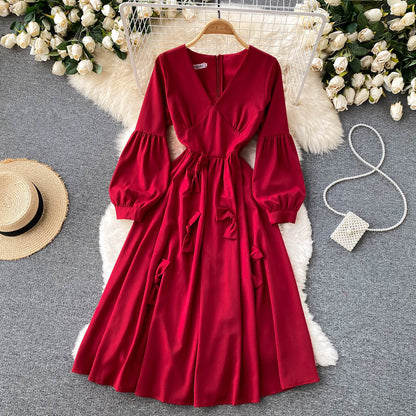 Robe trapèze à manches longues et col en V, jolie robe tendance RF0197