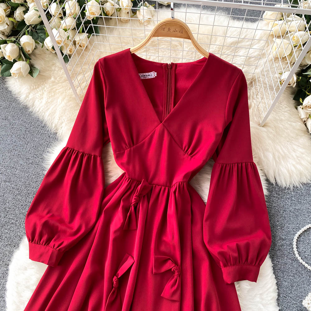 Robe trapèze à manches longues et col en V, jolie robe tendance RF0197