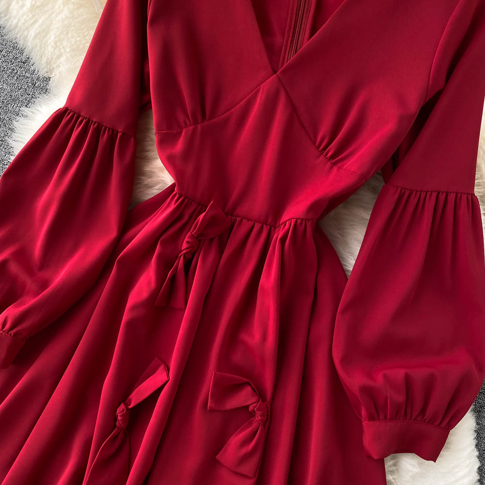 Robe trapèze à manches longues et col en V, jolie robe tendance RF0197