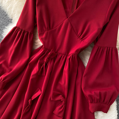 Robe trapèze à manches longues et col en V, jolie robe tendance RF0197