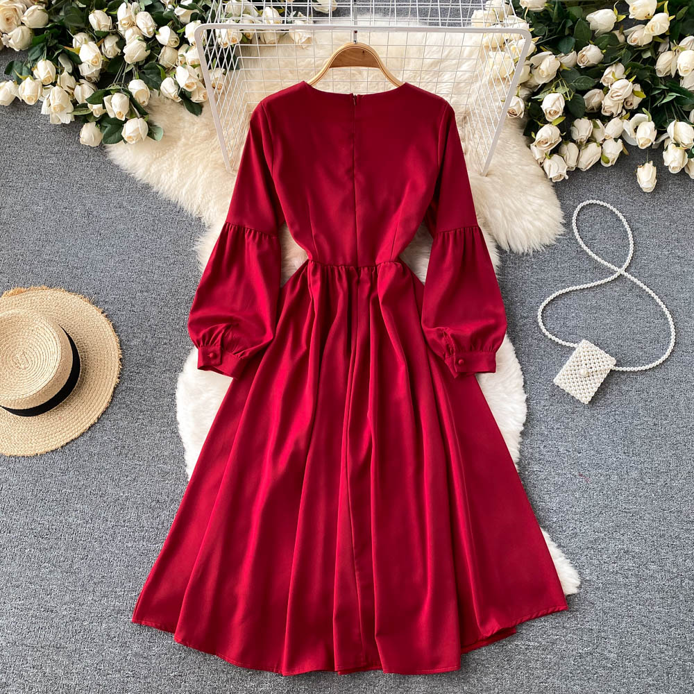 Robe trapèze à manches longues et col en V, jolie robe tendance RF0197