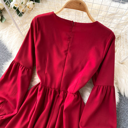 Robe trapèze à manches longues et col en V, jolie robe tendance RF0197