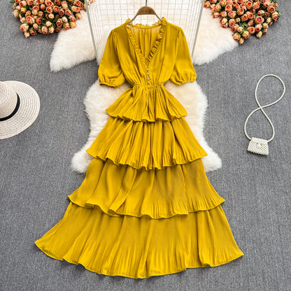 Robe longue en mousseline à col en V et à la mode RF0189