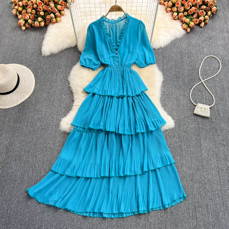 Robe longue en mousseline à col en V et à la mode RF0189
