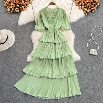 Robe longue en mousseline à col en V et à la mode RF0189