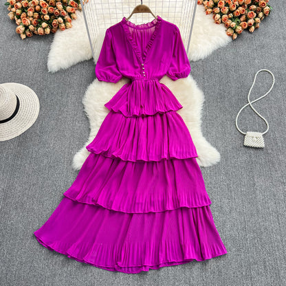 Robe longue en mousseline à col en V et à la mode RF0189