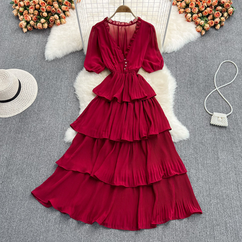 Robe longue en mousseline à col en V et à la mode RF0189