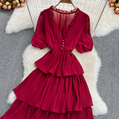 Robe longue en mousseline à col en V et à la mode RF0189