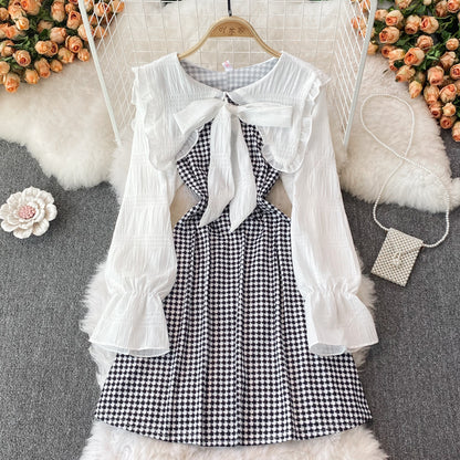 Robe trapèze à manches longues et motif pied-de-poule, RF0185