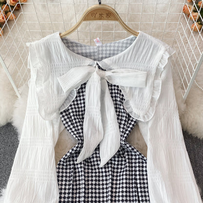 Robe trapèze à manches longues et motif pied-de-poule, RF0185
