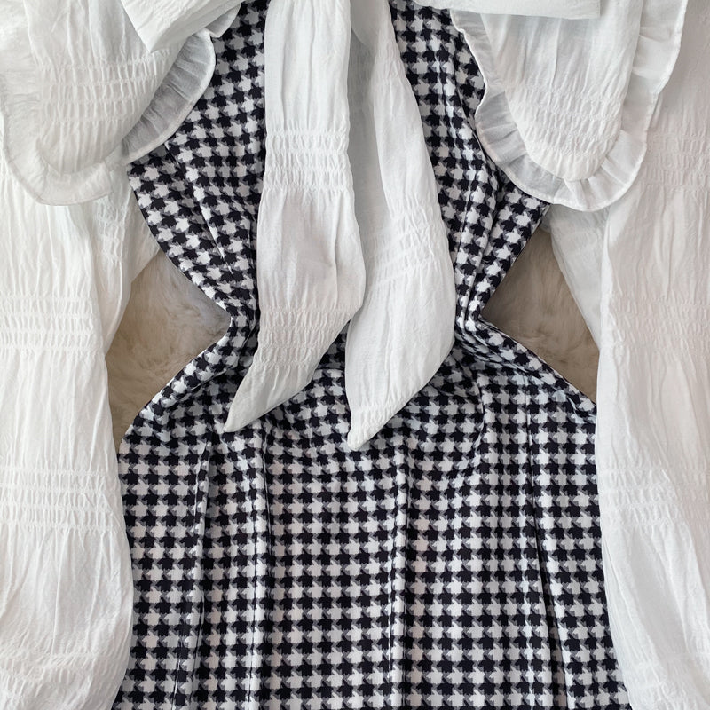 Robe trapèze à manches longues et motif pied-de-poule, RF0185