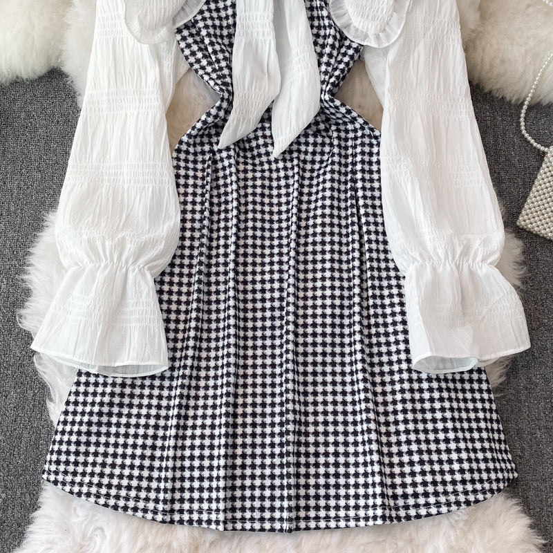Robe trapèze à manches longues et motif pied-de-poule, RF0185
