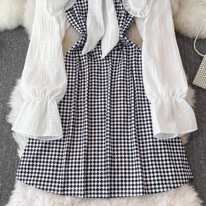 Robe trapèze à manches longues et motif pied-de-poule, RF0185