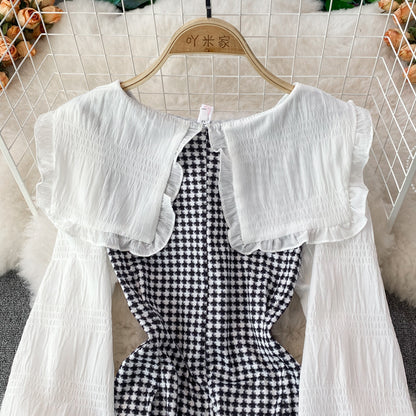 Robe trapèze à manches longues et motif pied-de-poule, RF0185