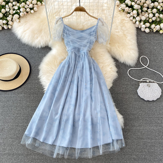 Blaues Tüll-Kurzkleid A-Linie Sommerkleid RF0060