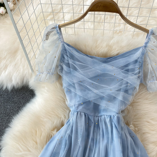 Blaues Tüll-Kurzkleid A-Linie Sommerkleid RF0060