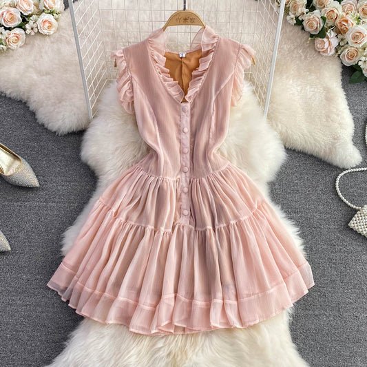 Rosa V-Ausschnitt Tüll Kurzes Kleid Modekleid RF0058