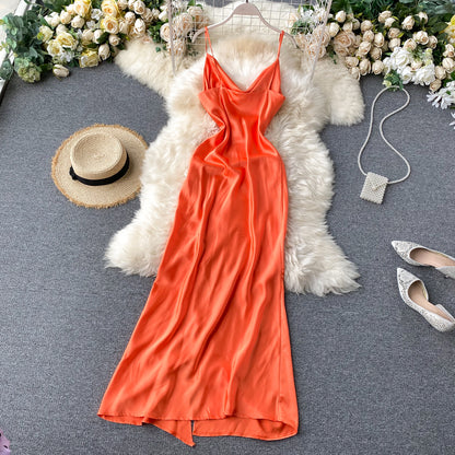Einfaches langes Satinkleid, modisches Kleid RF0056