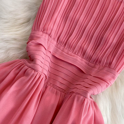 Rosa Chiffon Kurzes Kleid A-Linie Modekleid RF0054
