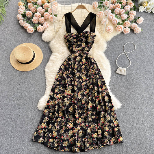Schwarzes A-Linien-Blumenkleid, modisches Kleid, BF0029