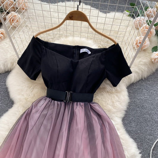 Schwarzes und rosa Tüll-Kurzkleid in A-Linie, modisches Kleid RF0021