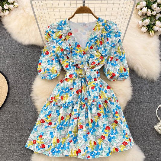 Süße Blumenkleider mit V-Ausschnitt, A-Linien-Modekleider RF0018