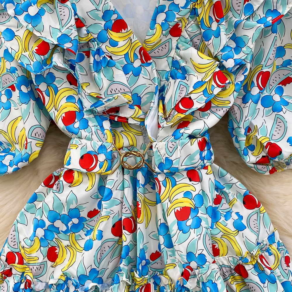 Süße Blumenkleider mit V-Ausschnitt, A-Linien-Modekleider RF0018