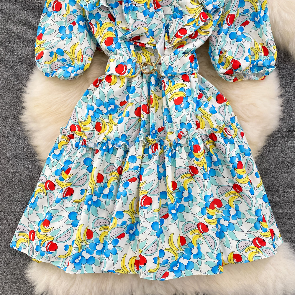 Süße Blumenkleider mit V-Ausschnitt, A-Linien-Modekleider RF0018