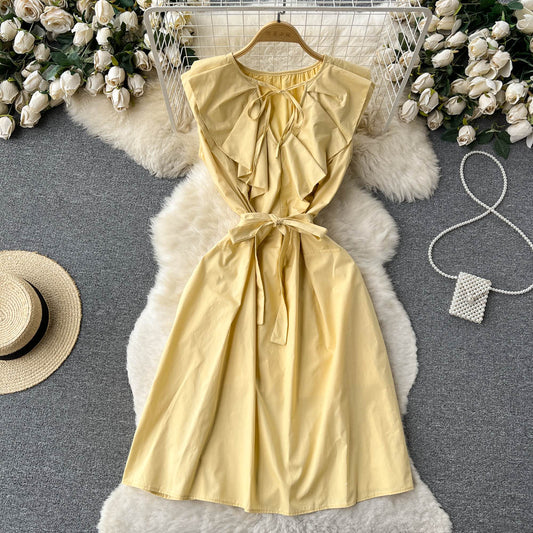 Süßes A-Linien-Kurzarmkleid, gelbes Modekleid RF0013