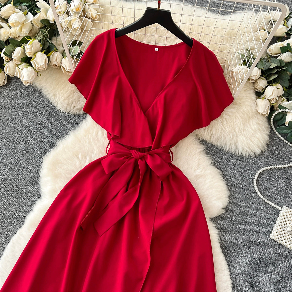 Süßes V-Ausschnitt Kleid, A-Linien Modekleid RF0006