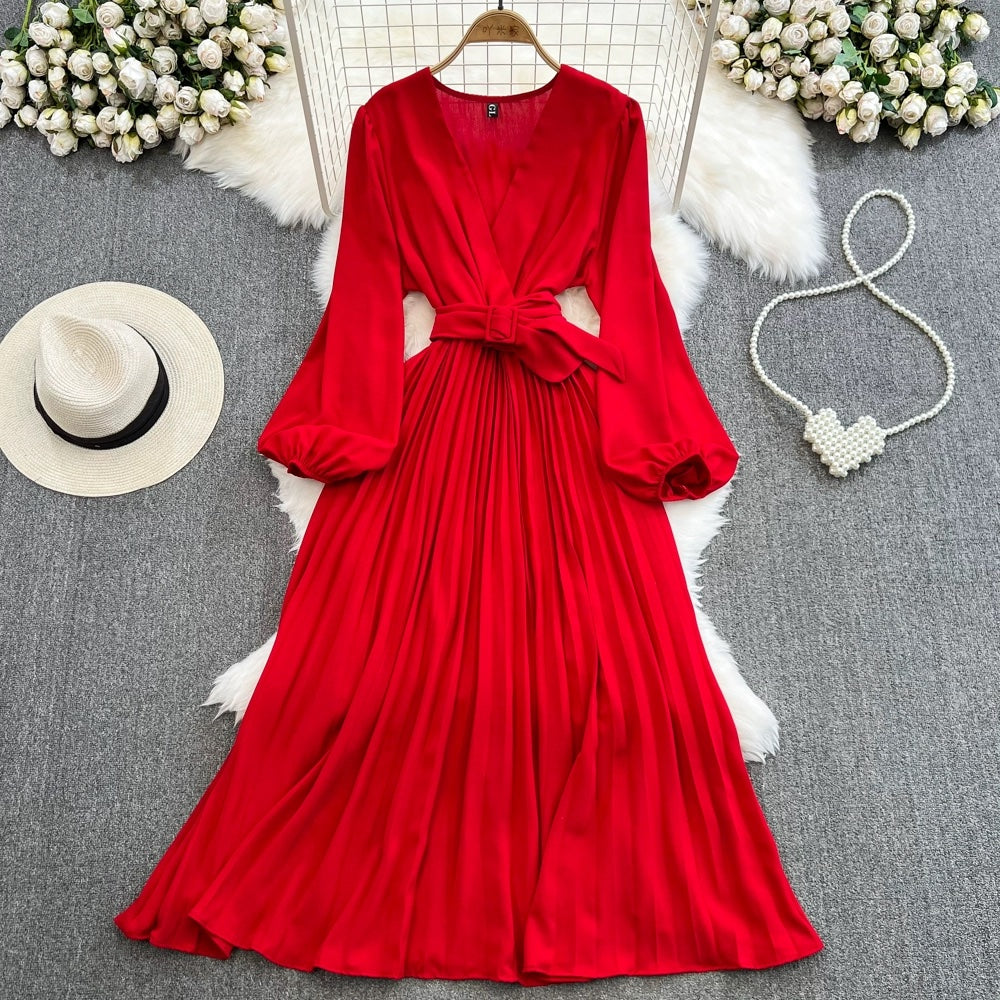 Einfaches Chiffon-Kleid mit V-Ausschnitt und langen Ärmeln RF0001