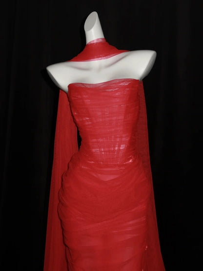 Robe de bal longue sirène en tulle rouge à décolleté cœur et foulard, inspiration robe de soirée, robe de princesse pour remise de diplôme N1087