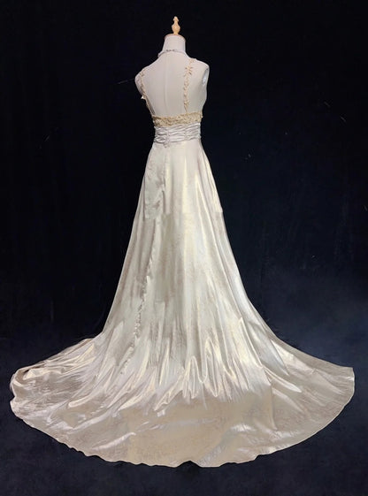 Beautiful Prom Dresses Inspo A Line Halter Champagne Satin With Lace Long Women Formal Dress N3198