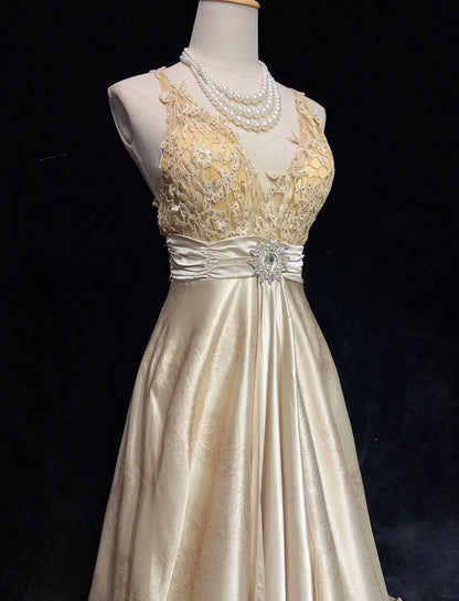 Beautiful Prom Dresses Inspo A Line Halter Champagne Satin With Lace Long Women Formal Dress N3198
