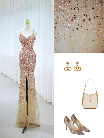 Romantisches Meerjungfrauen-Spaghettiträger-Kleid mit goldenen Pailletten, Schlitz, formelles Kleid, langes Ballkleid N2850