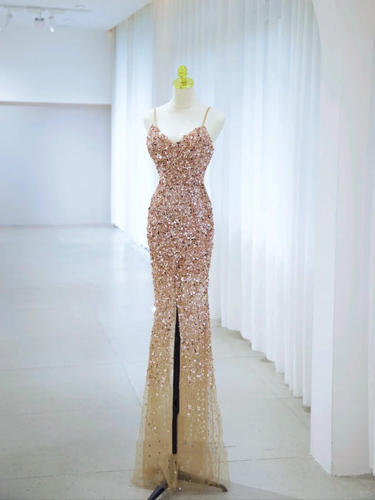 Romantic Mermaid Spaghetti Strap Gold Sequin With Slit Formal Dress Long Prom Dresses N2850