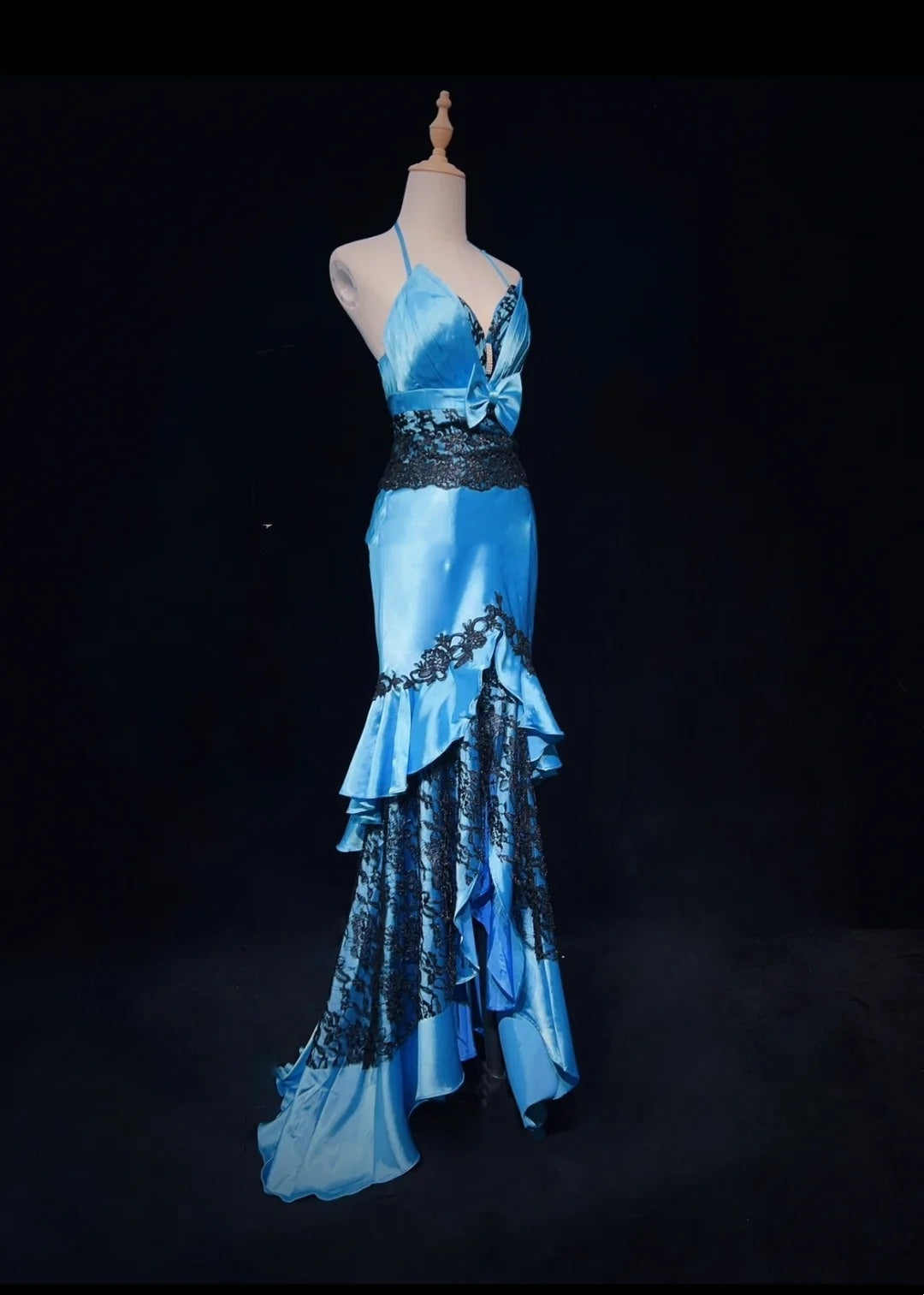 Vintage-Ballkleid Inspo Meerjungfrau Neckholder Blau Satin Mit Schwarzer Spitze 80er Jahre Langes Abendkleid N2833