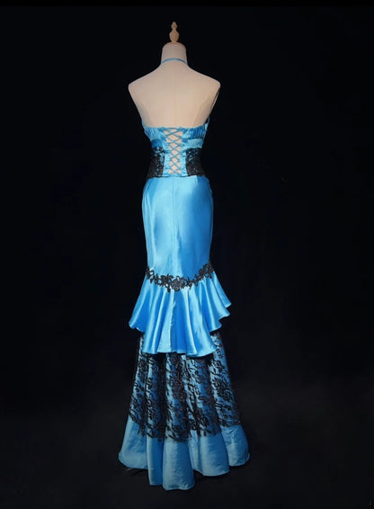 Vintage-Ballkleid Inspo Meerjungfrau Neckholder Blau Satin Mit Schwarzer Spitze 80er Jahre Langes Abendkleid N2833