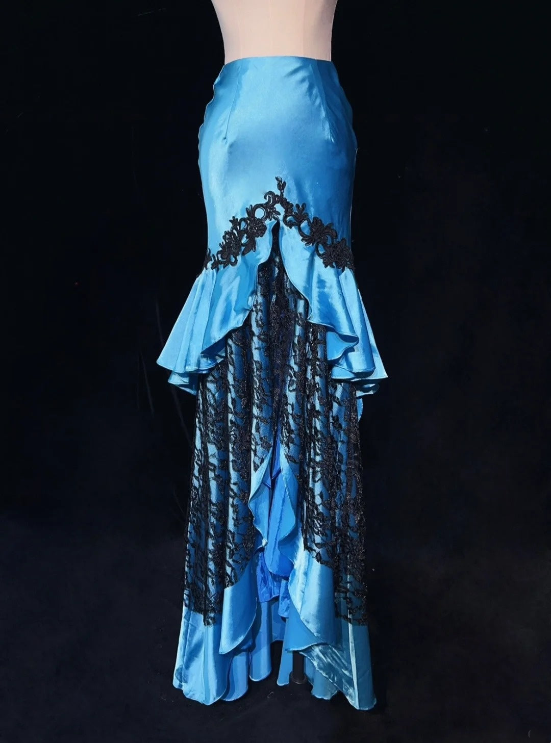 Vintage-Ballkleid Inspo Meerjungfrau Neckholder Blau Satin Mit Schwarzer Spitze 80er Jahre Langes Abendkleid N2833