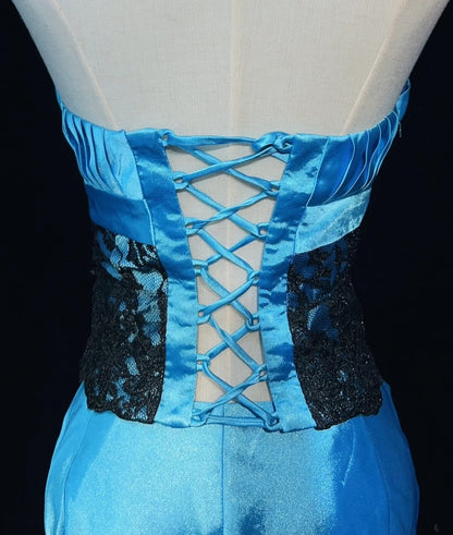 Vintage-Ballkleid Inspo Meerjungfrau Neckholder Blau Satin Mit Schwarzer Spitze 80er Jahre Langes Abendkleid N2833