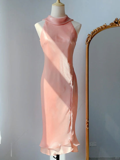Vintage Abschlussballkleider Meerjungfrauenstil 90er Hoher Ausschnitt Rosa Mit Rüschen Ärmellos Knielang Abend Anlassmode RB4254