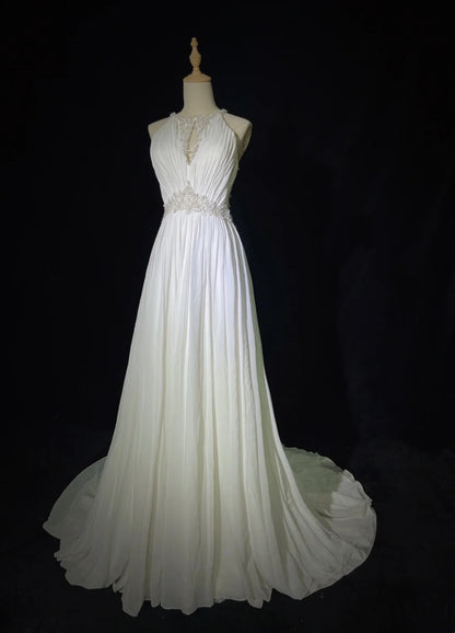 Romantisches A-Linien Brautkleid Chiffon Rundhals mit Perlen und Kristallen Weiß Langes Hochzeitskleid N3405