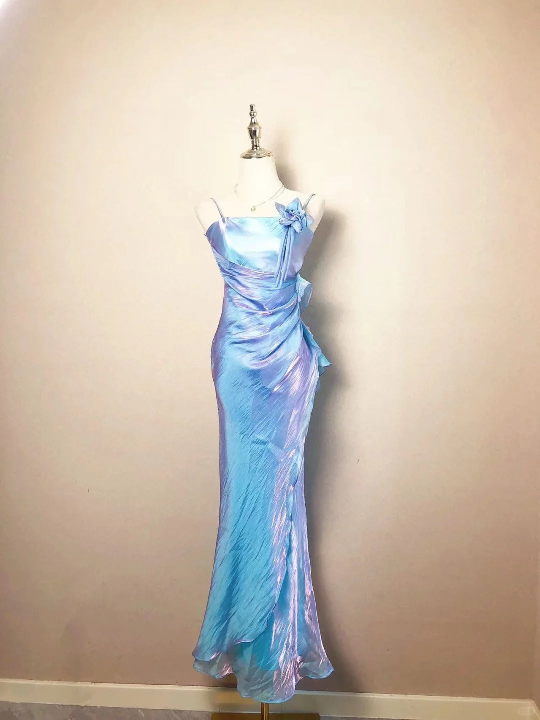 Bescheidene Meerjungfrau Spaghettiträger Blau Lang Frühling Sommer Event Outfits Hochzeitsgast Kleider RB3206