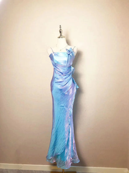 Bescheidene Meerjungfrau Spaghettiträger Blau Lang Frühling Sommer Event Outfits Hochzeitsgast Kleider RB3206