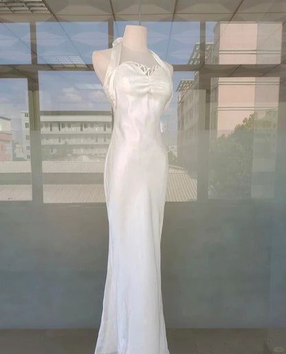 Vintage Prom Dresses 70s Mermaid Halter White With Ruffled Sleeveless Evening Formal Outfits RB4310
