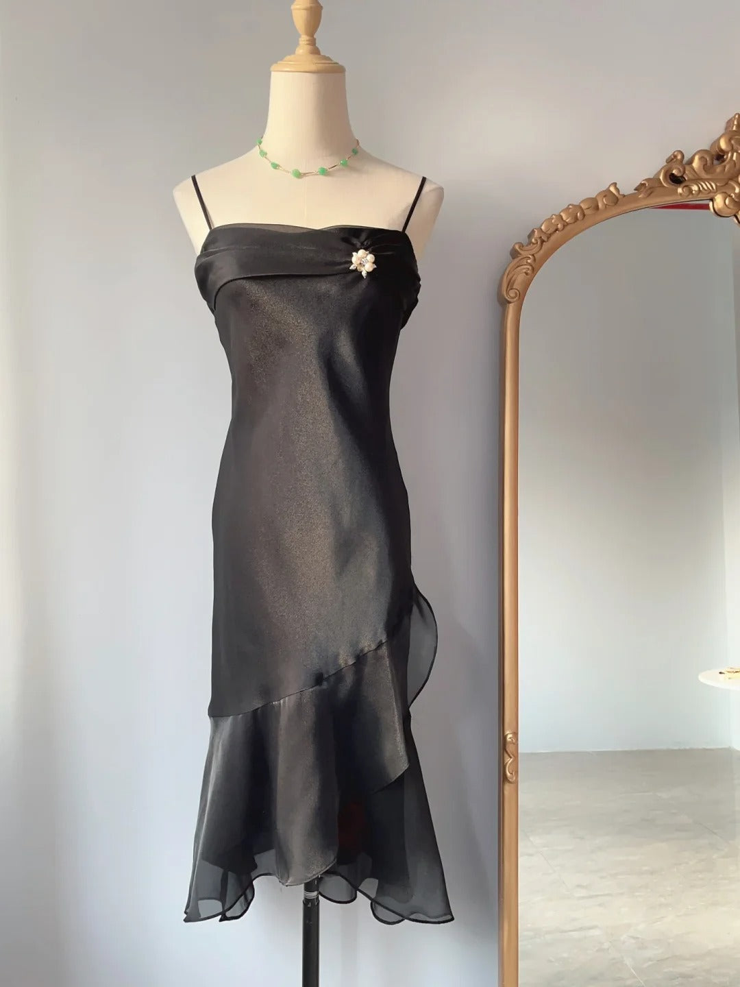 Vintage Prom Dresses 80s Mermaid Spaghetti Straps Black Chiffon Sleeveless Tea Length Formal Outfits RB4275
