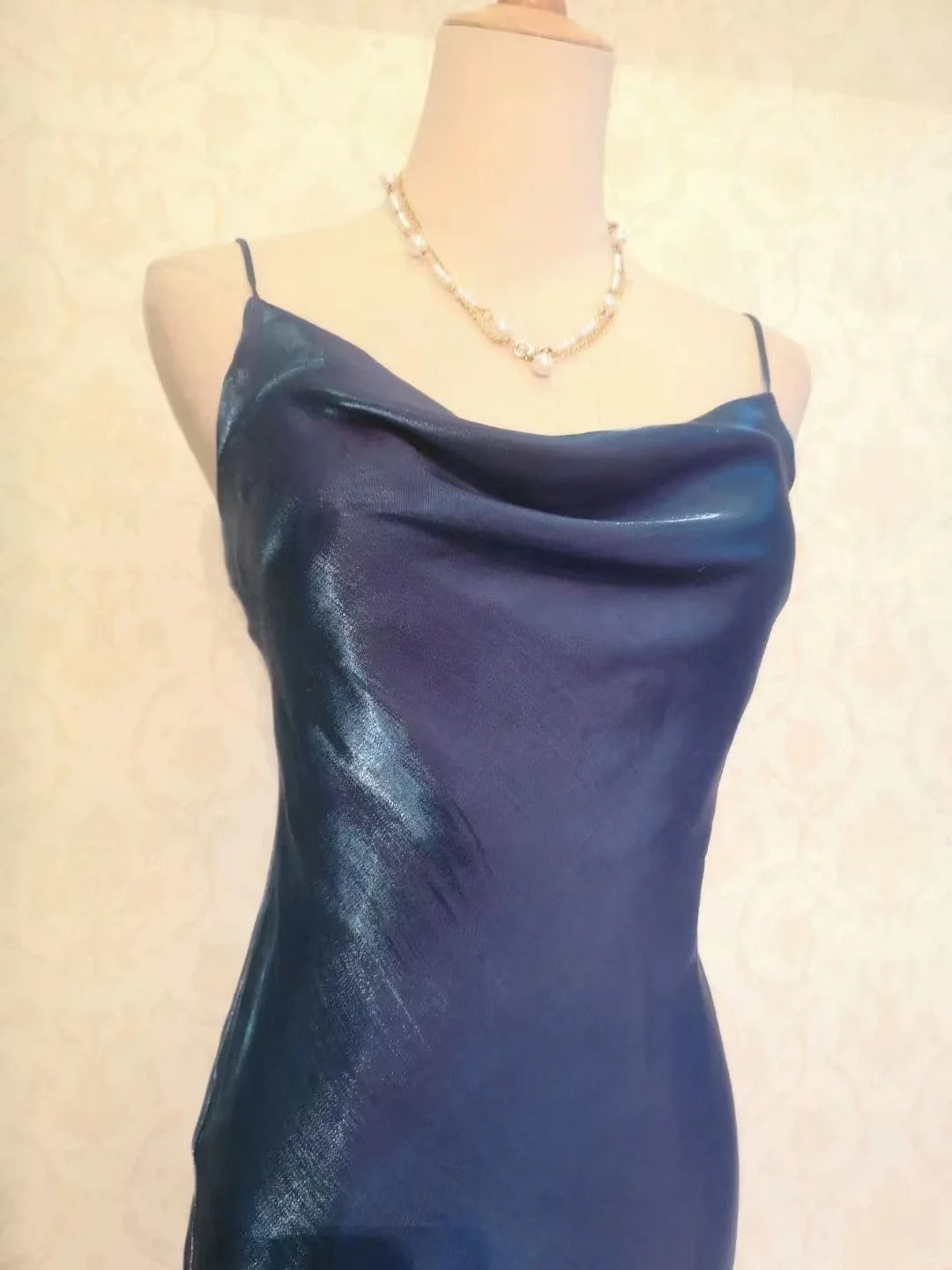 Vintage-Abschlussballkleider 70er Jahre Meerjungfrau Spaghettiträger Marineblau Teelänge Festliche Outfits RB4287