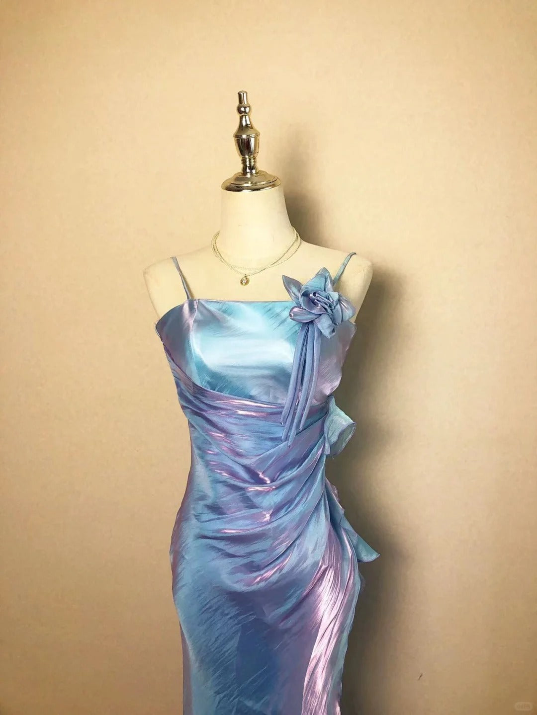 Bescheidene Meerjungfrau Spaghettiträger Blau Lang Frühling Sommer Event Outfits Hochzeitsgast Kleider RB3206